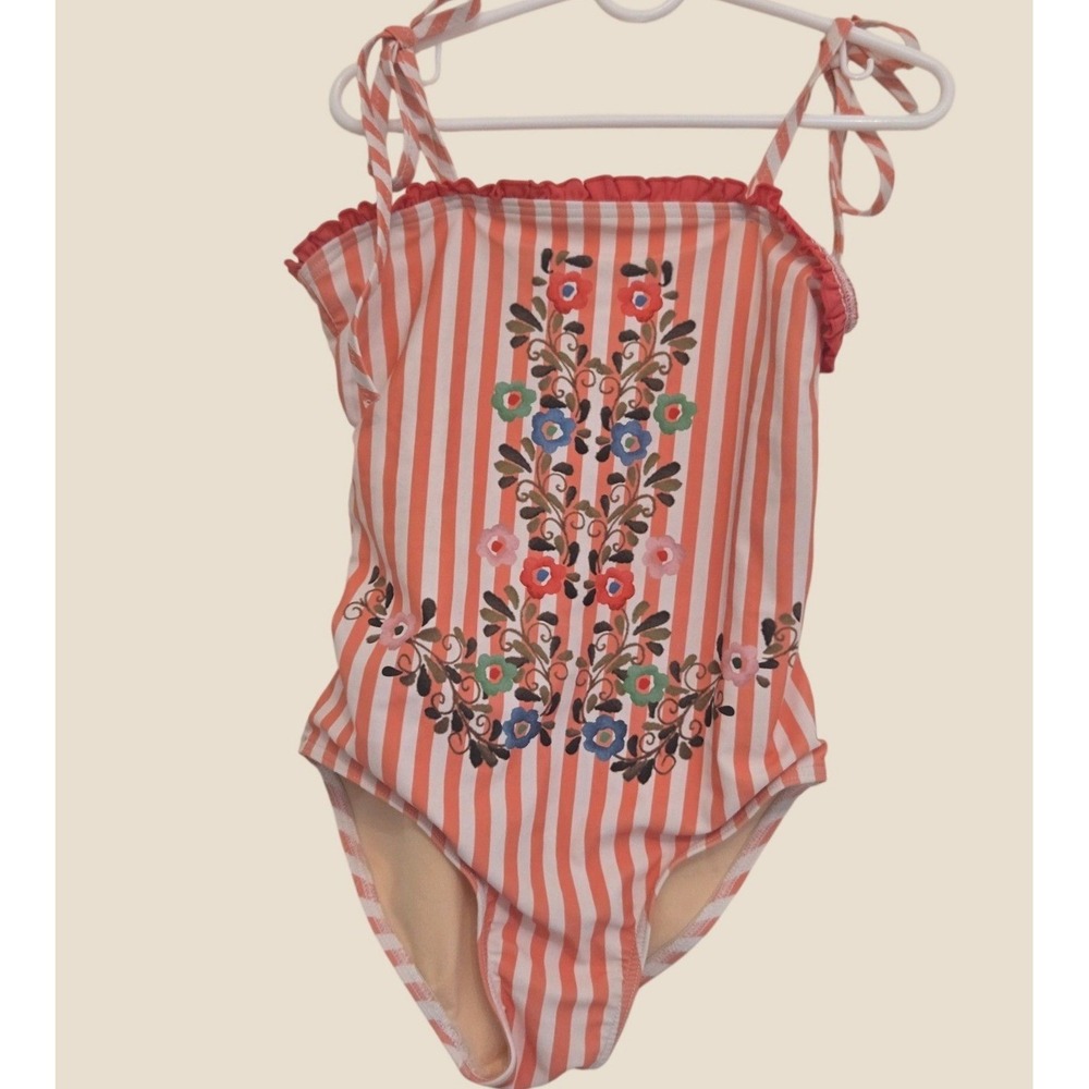 Pink Chicken Girls Orange White Striped Floral Embroidered One Piece Swimsuit 8Y